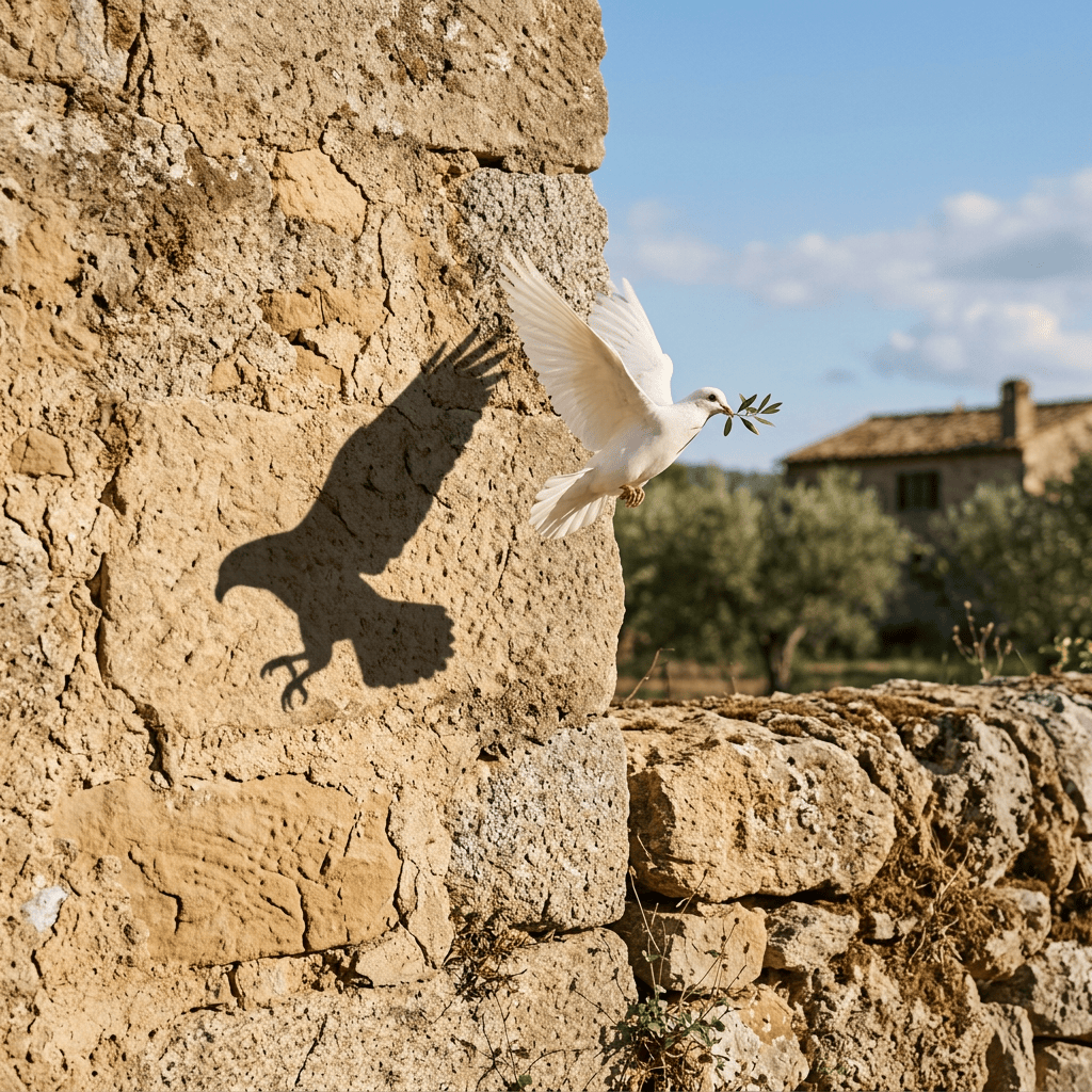 White dove in flight holding an olive branch by a stone wall