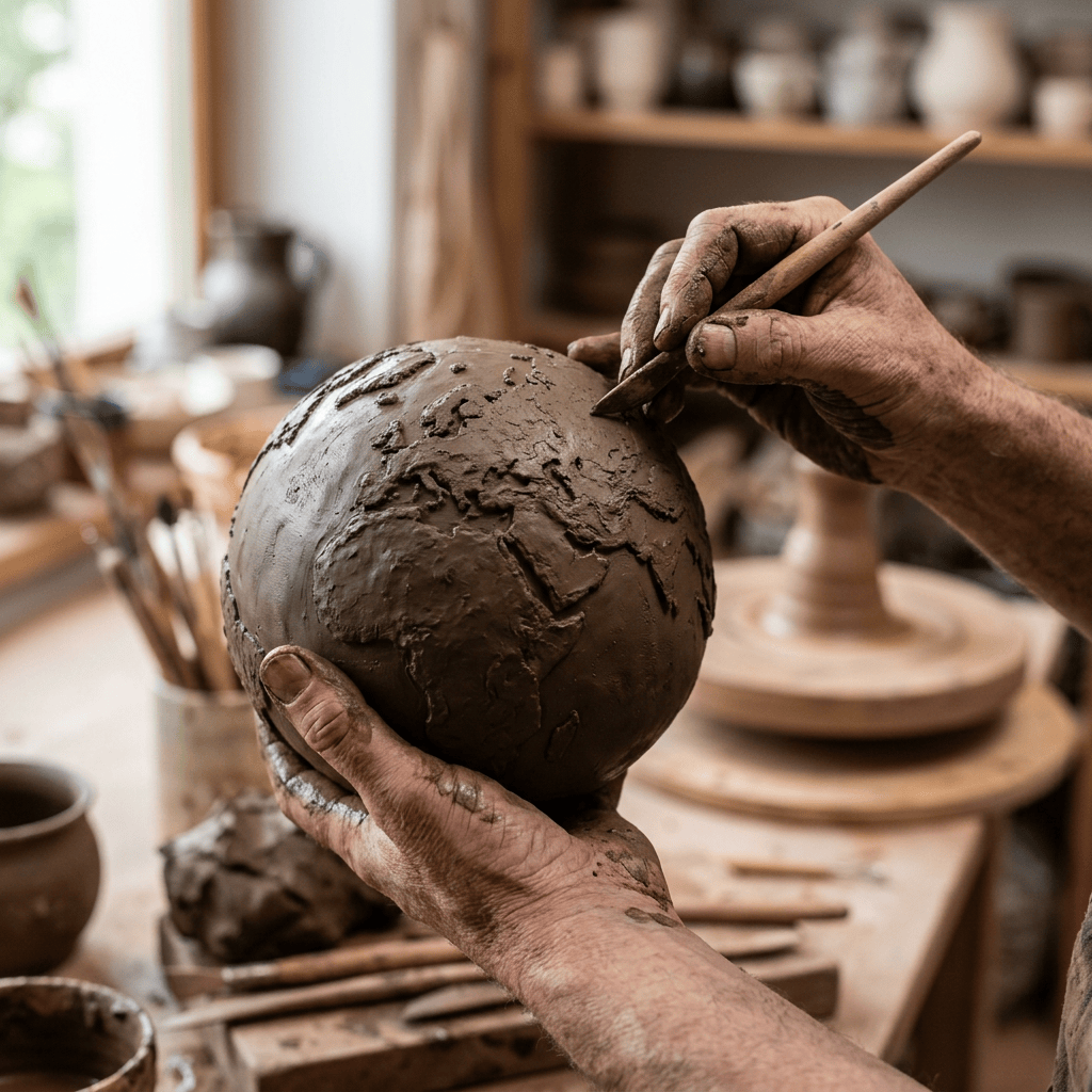 Hands sculpting continents on a clay globe in a pottery workshop
