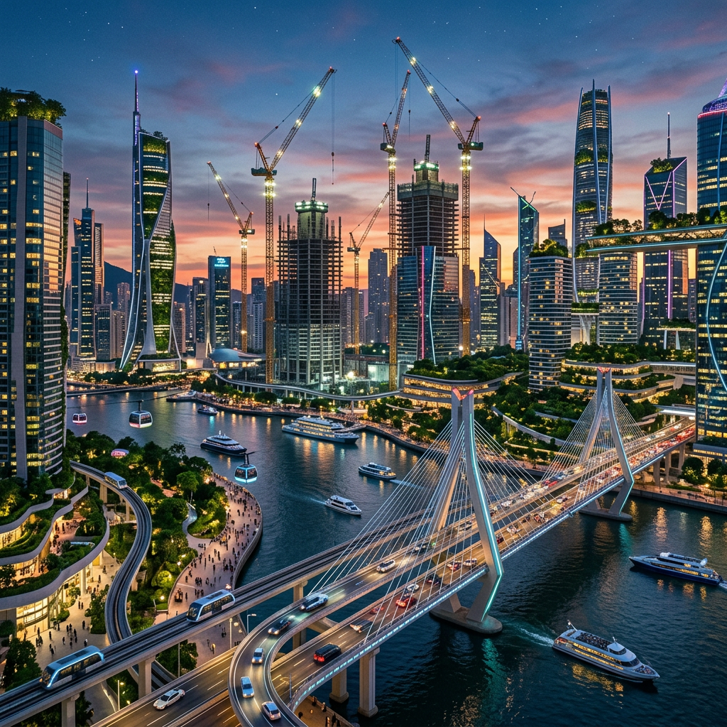 Futuristic city skyline with green-covered skyscrapers, bridges, boats on river, and construction cranes at dusk
