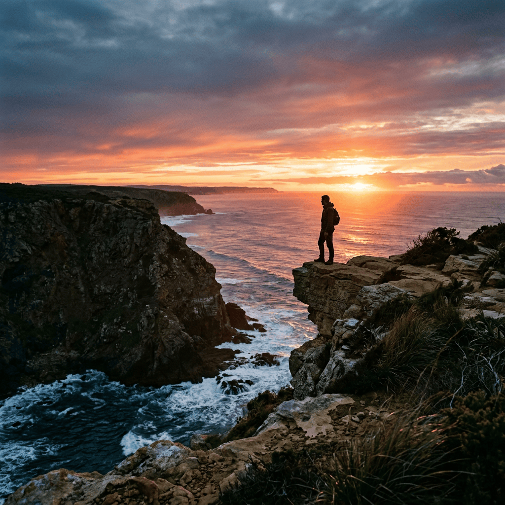 Person standing on rocky cliff edge overlooking ocean at sunset