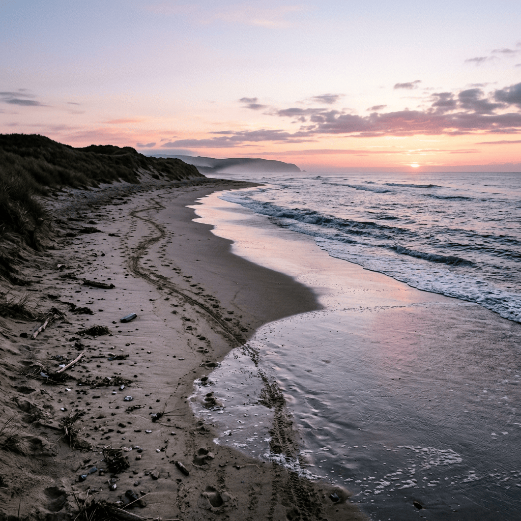 Pastel sunset over waves along a sandy beach with grassy dunes