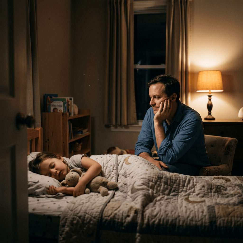 Parent sitting beside a sleeping child holding a teddy bear