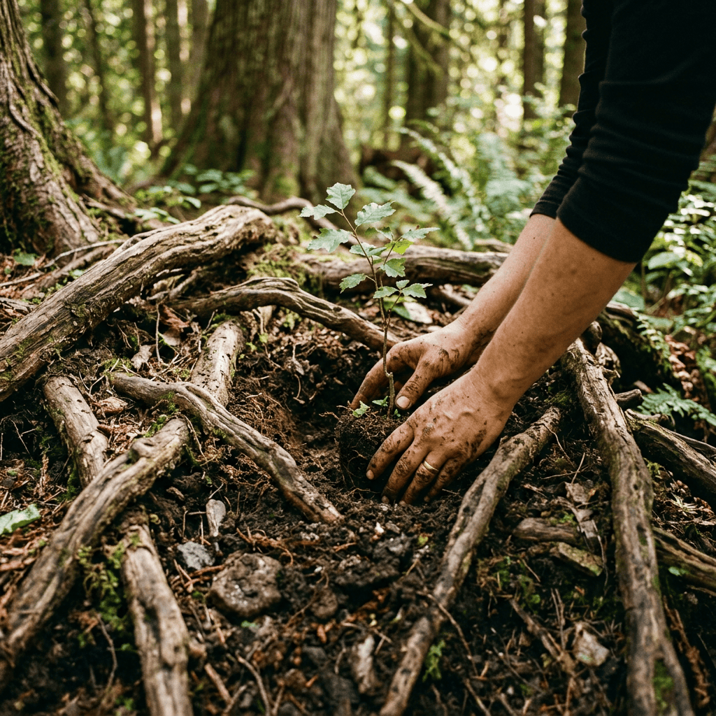 Hands planting a small seedling in dark soil among forest roots