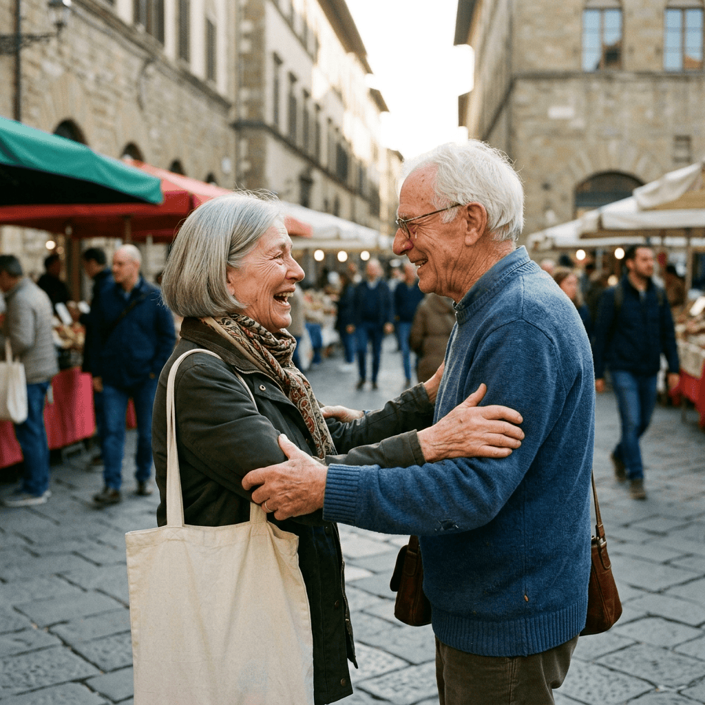 Older couple laughing and embracing at a busy outdoor market