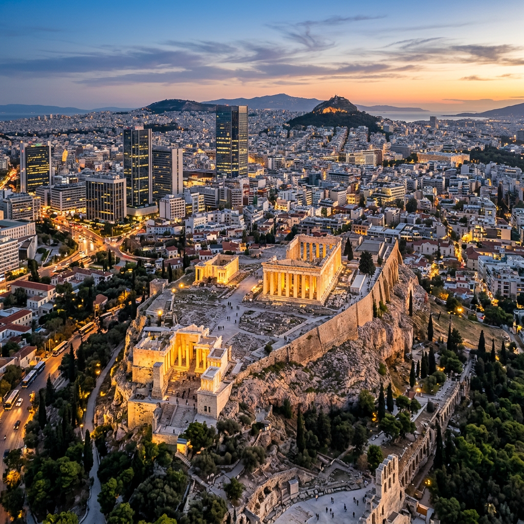 Athens Acropolis and Parthenon overlooking the city at sunset