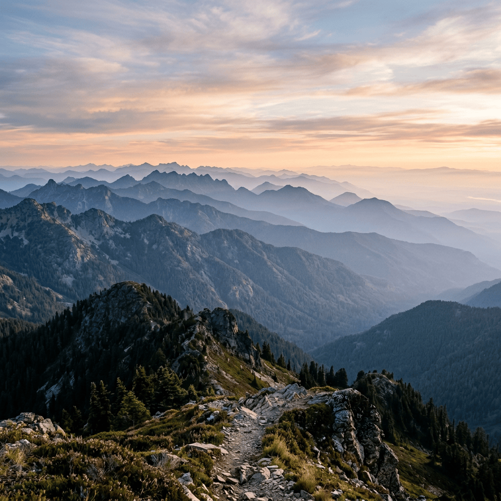 Rocky mountain trail overlooking layered forested peaks at sunset