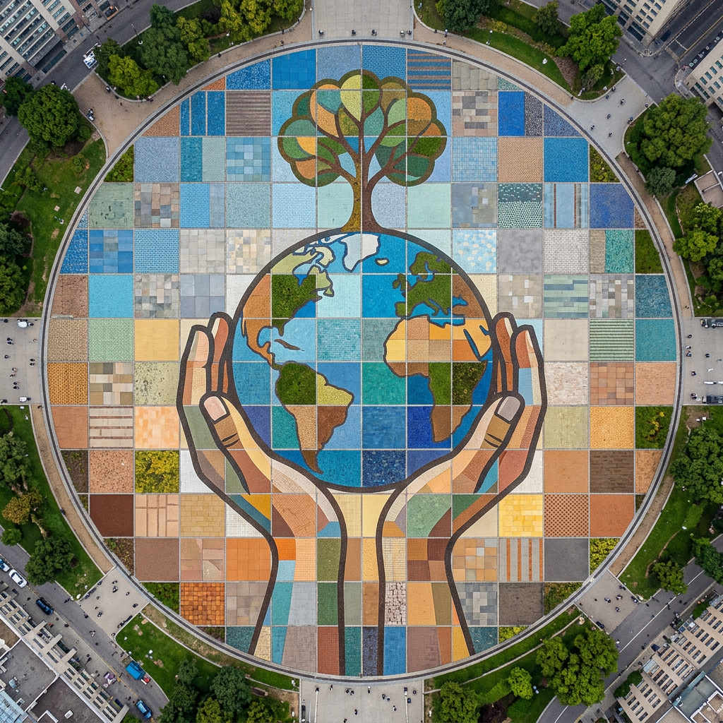 Aerial mosaic of hands holding Earth beneath a tree