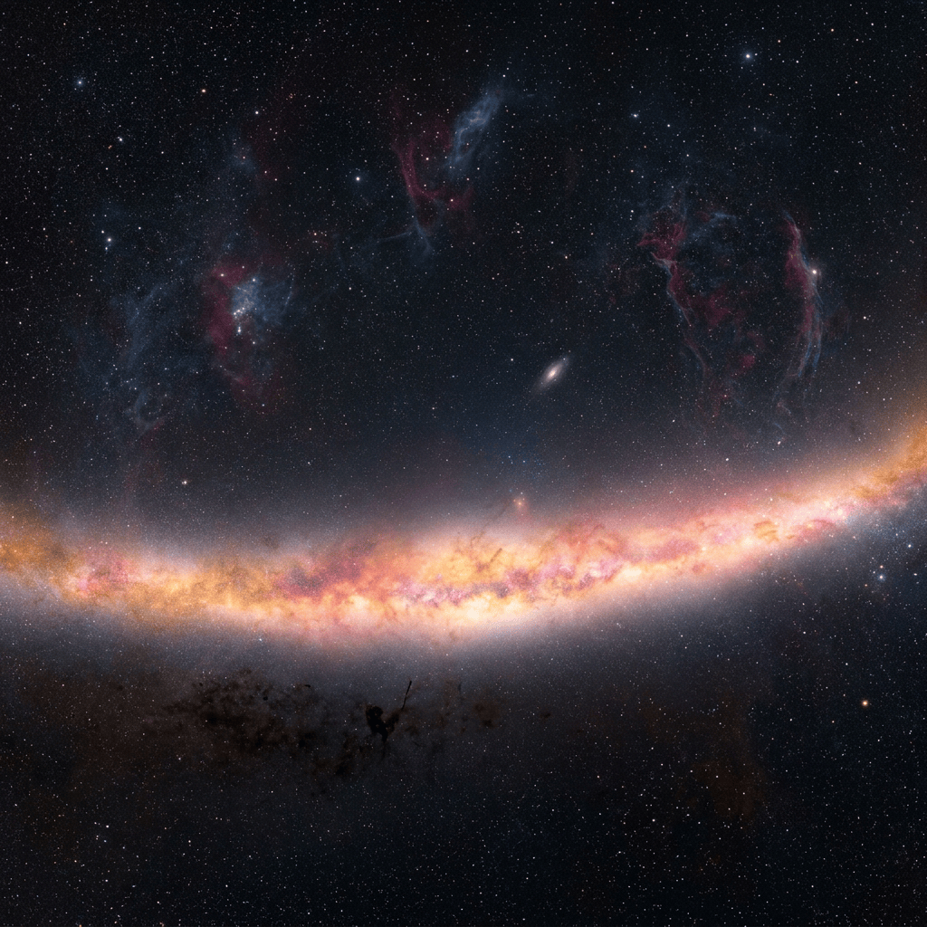 Bright Milky Way band crossing a star-filled sky with colorful nebulae