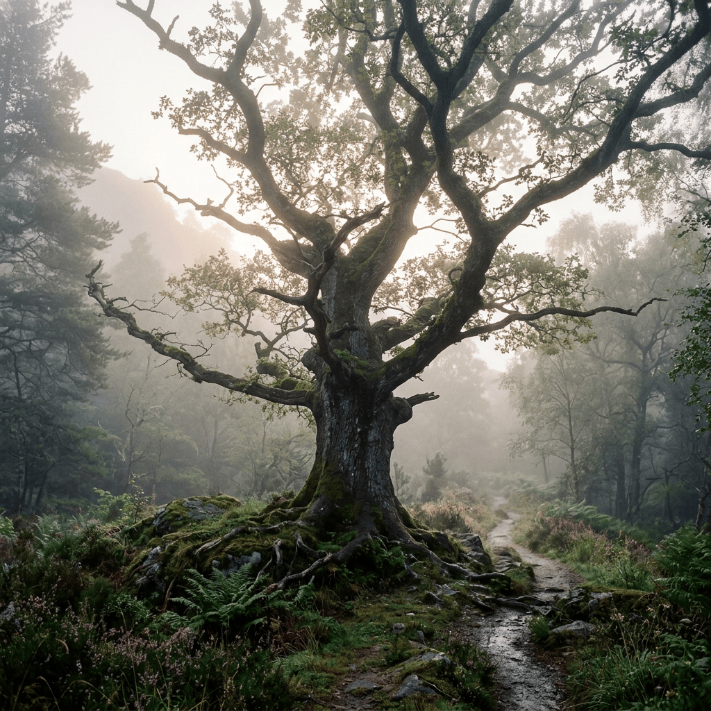 Ancient moss-covered oak beside a winding misty forest trail