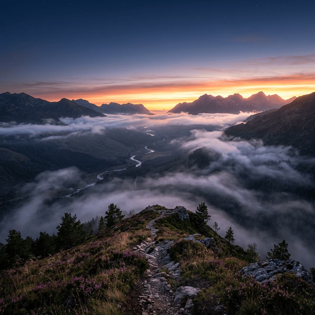 Rocky mountain trail overlooking a misty valley at sunrise