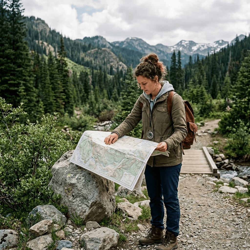 Hiker studying a map beside an unmarked mountain trail warning sign