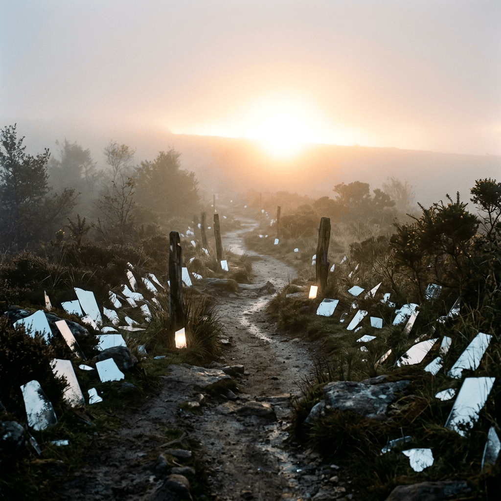 Misty mountain trail lined with reflective shards at sunrise