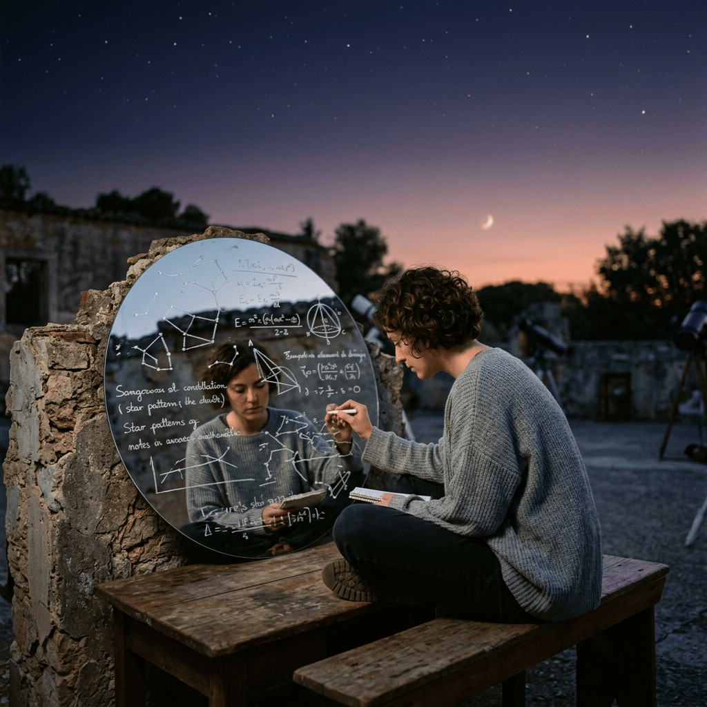 Two students study constellation sketches and equations on a mirror outdoors