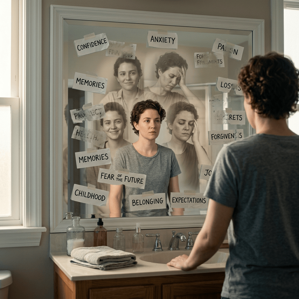 Person facing mirror surrounded by labels naming emotions and memories