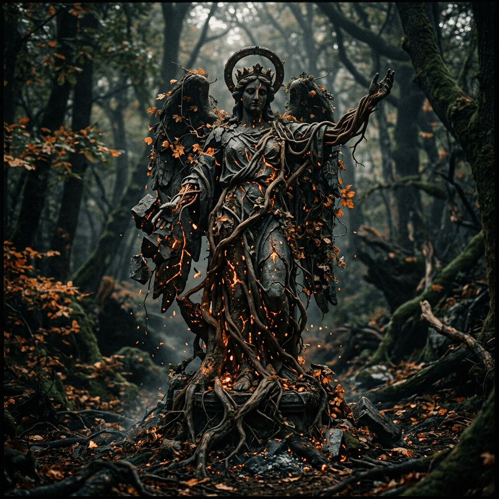 Root-covered crowned forest guardian statue glowing with ember-like cracks