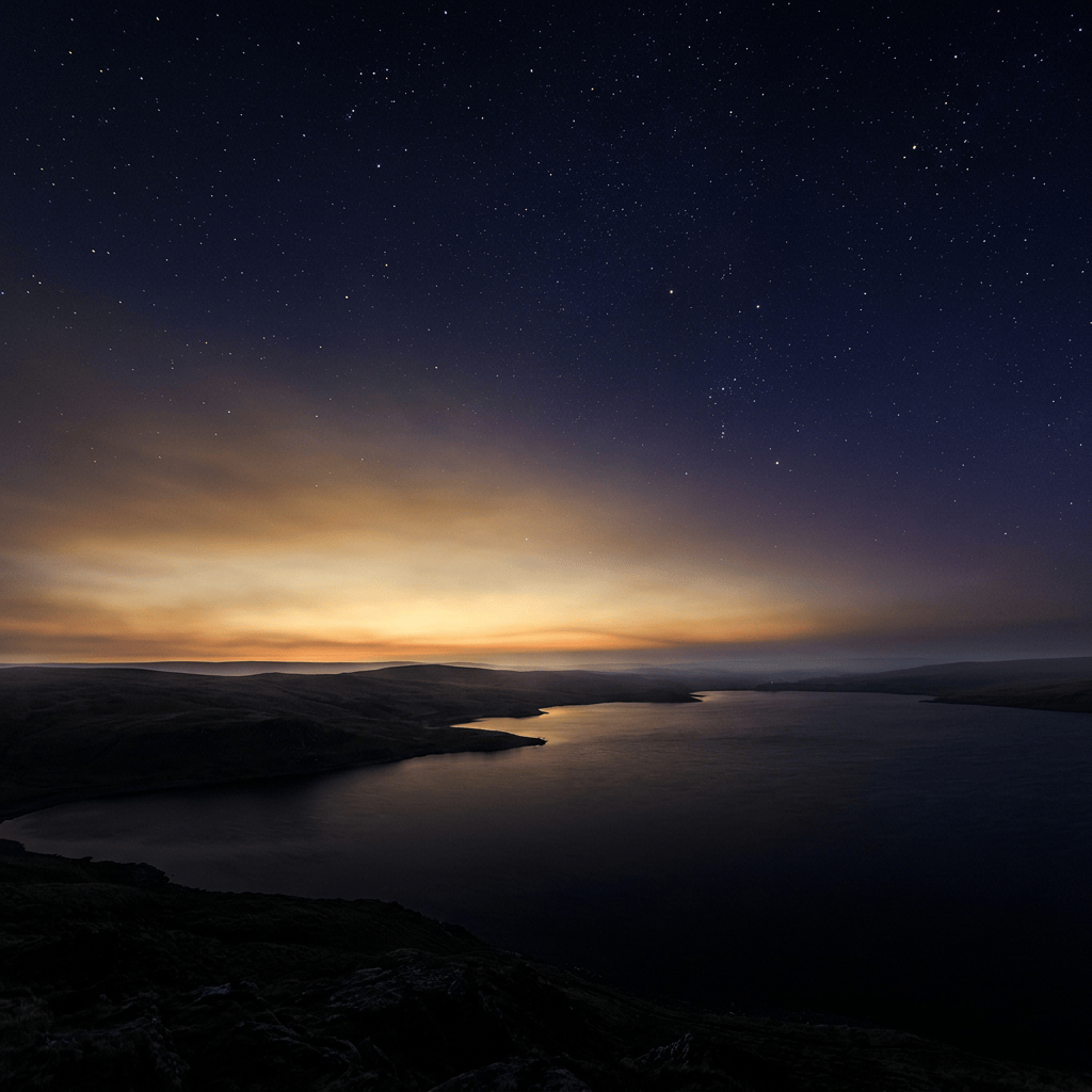 Star-filled sky over a dark lake and rolling hills at dusk