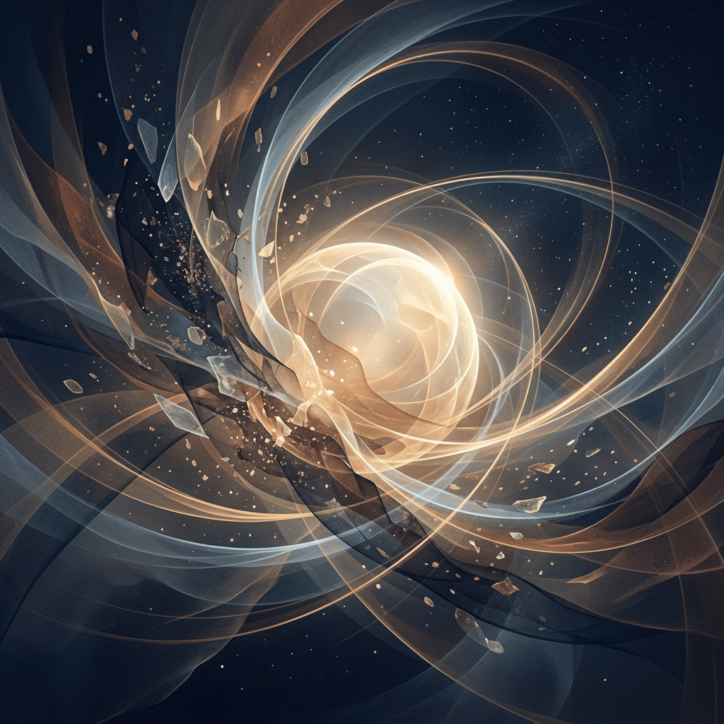 Abstract glowing celestial core surrounded by swirling ribbons and stars
