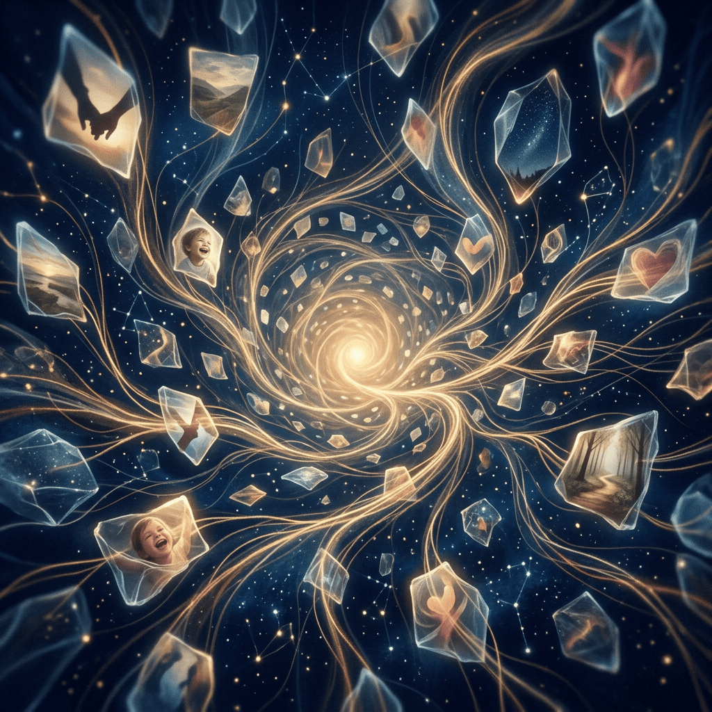Glowing cosmic vortex surrounded by floating memory scenes and photographs