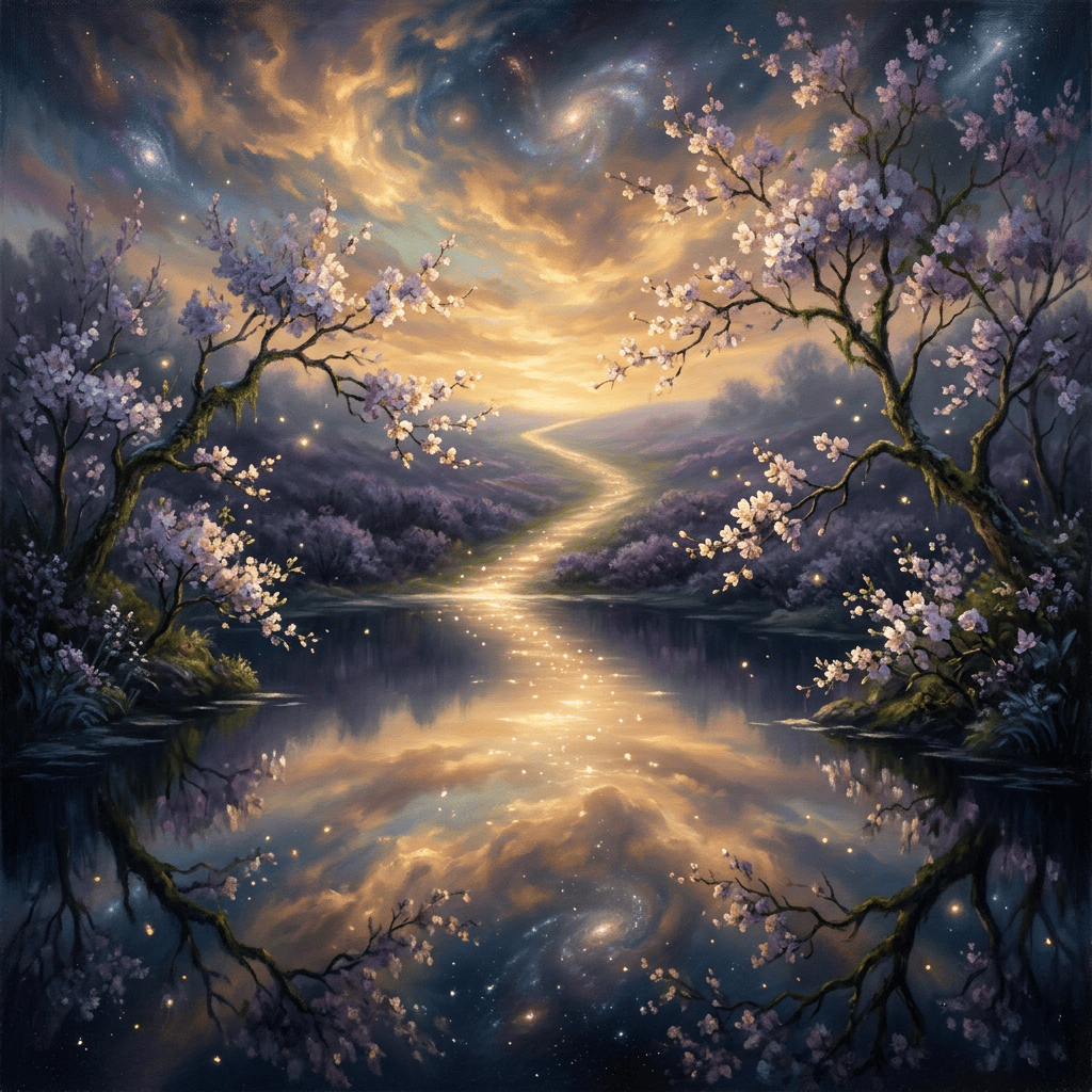 Cherry blossom trees frame a glowing river beneath a star-filled sunset sky
