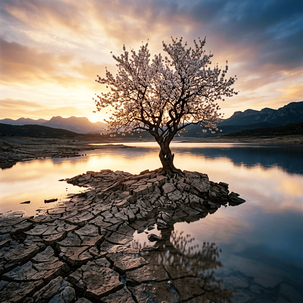 Flowering tree on cracked rocks beside a mountain reservoir at sunset