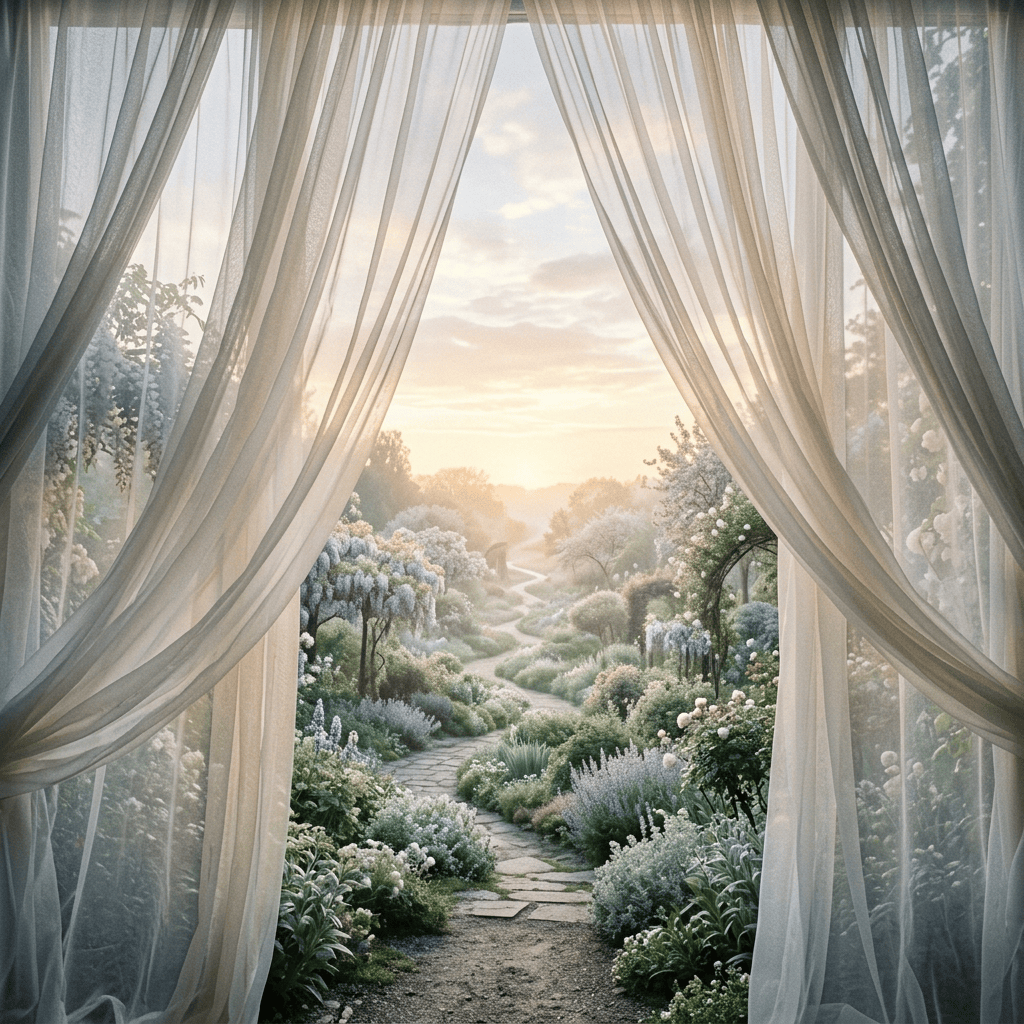 Sheer curtains framing a winding path through a flower-filled garden at sunset