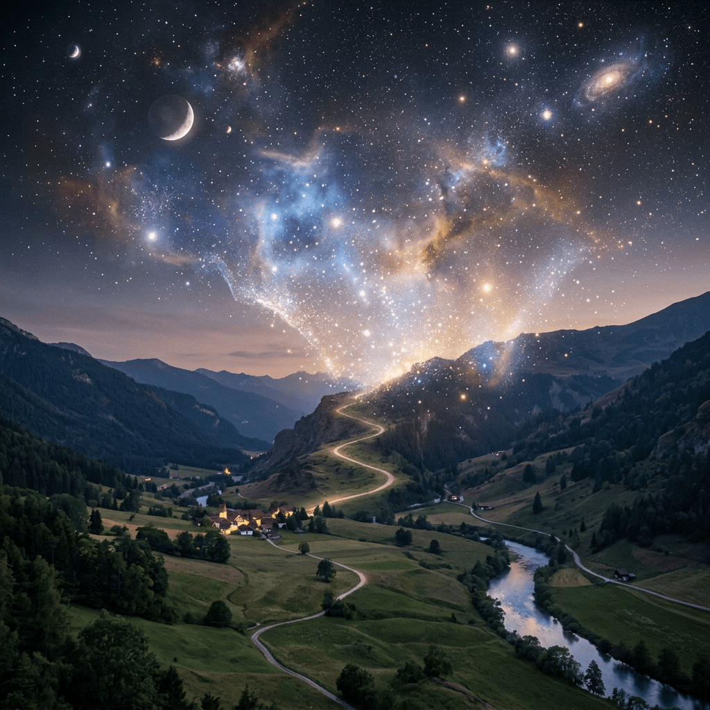 Mountain valley with glowing paths, river, village, and star-filled sky